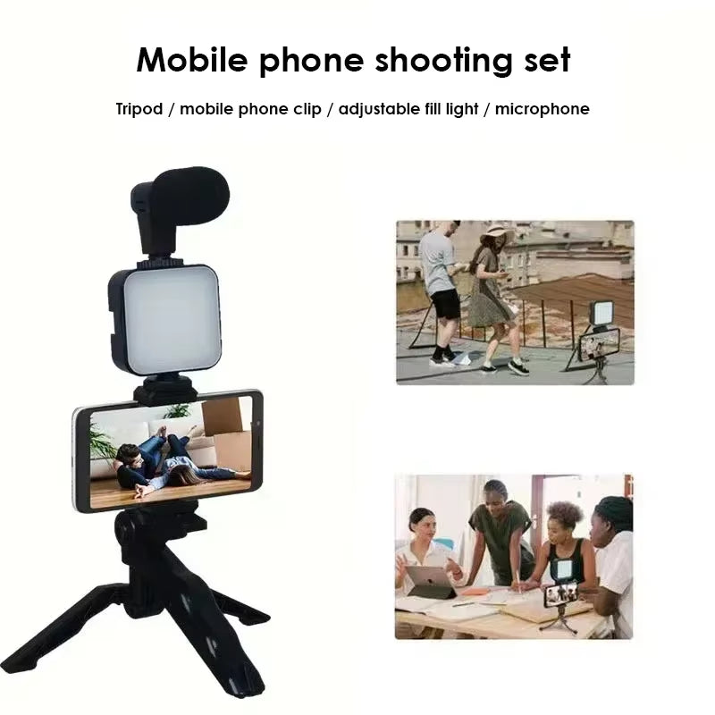 Portable Live Broadcast with Microphone Mobile Phone LED Fill Light Tripod Set Mobile Phone Stand with Remote Control Microphone