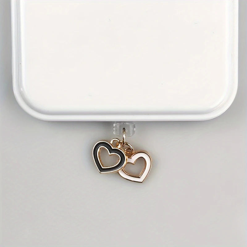 Mobile Phone Dust Plug Black White Love Heart-Shaped Phone Pendant for Phone Accessories for Type-C Port Pendant Decoration